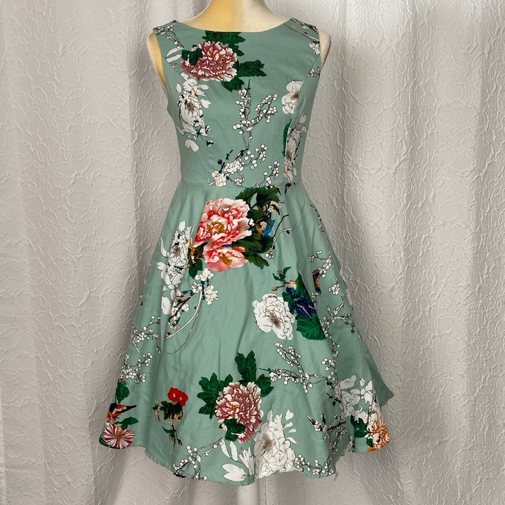 Grace Karin Asian Floral Print Jade Green Fit and Flare Skirt Summer Dre…